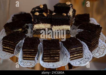 Deliziosi dessert al cioccolato su un piatto decorativo. Foto Stock