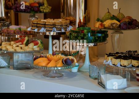 Elegante esposizione di dessert gourmet assortiti e frutta fresca in un evento di lusso. Foto Stock