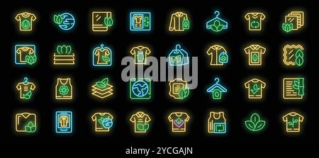 Le icone al neon dell'industria tessile e dell'abbigliamento ecologico sono un vettoriale. Produzione di capi di abbigliamento e abbigliamento eco-compatibili, moda sostenibile e illustrazioni di servizi di lavanderia Illustrazione Vettoriale