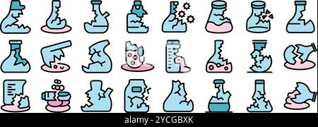 Set di icone colorate che raffigurano matracci da laboratorio rotti, simboleggiano gli incidenti di laboratorio, le fuoriuscite di sostanze chimiche e l'importanza della sicurezza Illustrazione Vettoriale