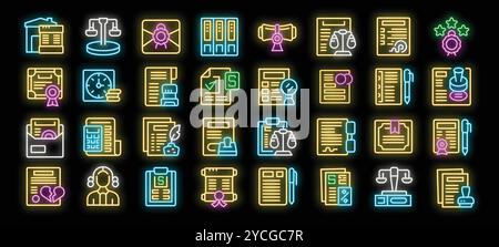 Set di icone neon che rappresenta un notaio che fornisce vari servizi notarili, con immagini brillanti di documenti legali e relativi simboli Illustrazione Vettoriale