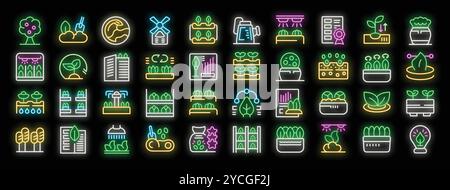 Questa serie di icone al neon mostra i concetti relativi alle aziende agricole intelligenti, alla tecnologia delle serre, all'innovazione agricola e alla crescita automatizzata delle piante Illustrazione Vettoriale