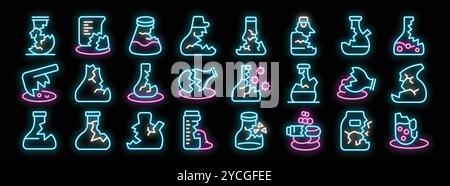 Icone luminose delle linee al neon di provette e matracci per analisi chimiche rotte, che rappresentano un esperimento o un incidente fallito in un laboratorio Illustrazione Vettoriale