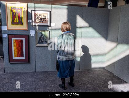 Donna che studia i dipinti su una parete illuminata dal sole, proiettando la sua ombra accanto alle immagini. Foto Stock