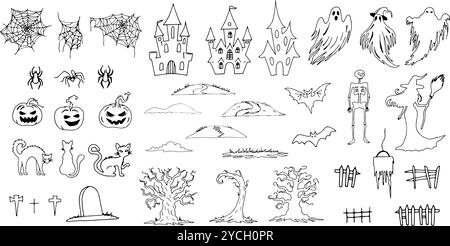 Set di diverse forme di Halloween. Illustrazione delle forme in bianco e nero. Clip art. Sagoma grafica disegnata a mano. Linea di schizzo di fantasmi con il castello e. Illustrazione Vettoriale