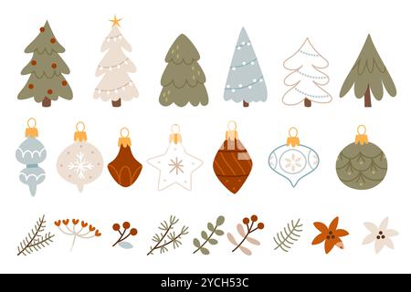 Set di alberi di Natale. Decorazioni per alberi di Natale. Arredamento. Rami e ornamenti invernali. Illustrazione Vettoriale
