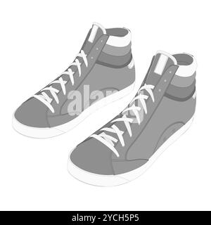 Illustrazione vettoriale di scarpe isolate su sfondo bianco per libri da colorare per bambini. Sneaker alte di tendenza con lacci in classico bianco e nero desi Illustrazione Vettoriale