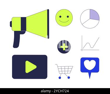 Set di oggetti cartoni animati 2D per il social media marketing Illustrazione Vettoriale
