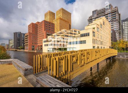 Paesaggio urbano di Amsterdam Zuidas, vista del ponte sul canale di Boelgracht e dei moderni edifici per uffici Foto Stock