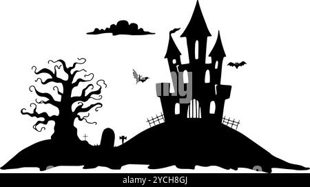 Composizione della silhouette di Halloween. Illustrazione in bianco e nero. Grafica disegnata a mano. Castello su una collina con albero e lapide, pipistrelli per spaventosi Illustrazione Vettoriale