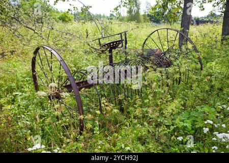 Rastrello fieno in agricoltura modello obsoleto Foto Stock