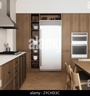 Una cucina moderna con elettrodomestici sofisticati combinati con splendidi elementi e tocchi in legno Foto Stock