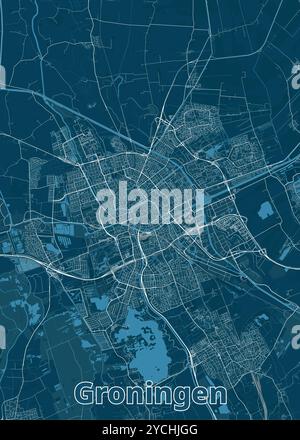 Mappa di Groningen, una città nei Paesi Bassi. La mappa è resa in uno stile minimalista, caratterizzato da uno sfondo blu scuro con linee bianche che rappresentano Illustrazione Vettoriale