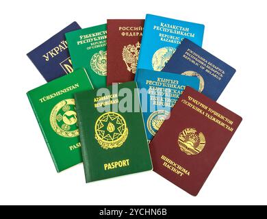 Diversi i passaporti stranieri isolati su sfondo bianco Foto Stock