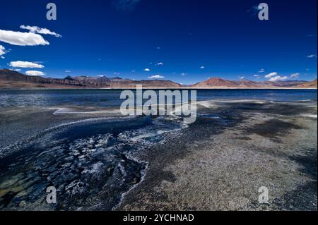 Salt Lake Tso Kar. Himalaya Montagne Paesaggio con Tso Kar panorama sul lago. India, Ladakh, altitudine 4600 m Foto Stock