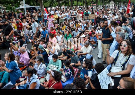 Tunisi, Tunisia. 13 agosto 2024. Le donne scendono in piazza a Tunisi alzando striscioni e gridando slogan contro la repressione politica in occasione della giornata nazionale della donna. La manifestazione è stata organizzata da gruppi femministi indipendenti tunisini per chiedere il rilascio immediato di tutte le donne imprigionate per le loro attività nella sfera pubblica. La Tunisia celebra la giornata nazionale della donna ogni anno il 13 agosto Foto Stock