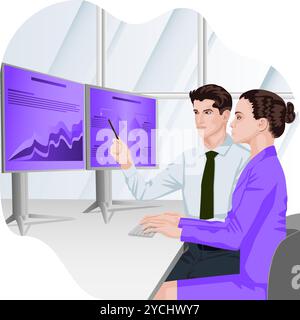 Uomo e donna stanno studiando i rapporti per identificare e comprendere i problemi nel processo decisionale. Concetto di business. Illustrazione vettoriale piatta. Illustrazione Vettoriale