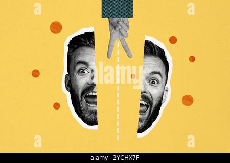Collage di tendenza creativo di mano divertente uomo mezzo urlo forbici con segno a V che taglia il modello metafora pinup psichedelico Foto Stock