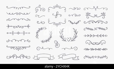 Graziosi divisori decorativi, nastri e corone disegnati a mano. Perfetto per inviti di nozze ed eleganti disegni di carte. Serie di illustrazioni vettoriali. Illustrazione Vettoriale