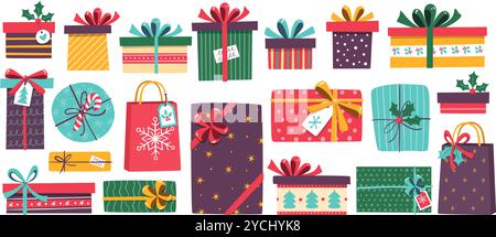 Collezione di regali di Natale. Un carino set di 20 diversi modelli di regali natalizi. Illustrazione vettoriale colorata disegnata a mano. Illustrazione Vettoriale