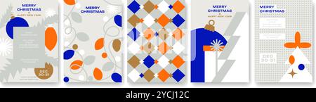 Collezione di cartoline natalizie minimaliste. Design geometrico, alberi di Natale, baule, giocattoli, regali. Ottimo per saluti, affari, pubblicità Illustrazione Vettoriale