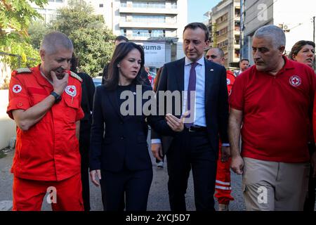 Hazmieh, Libano. 23 ottobre 2024. Il ministro degli Esteri tedesco Annalena Baerbock (2a L) parla a Paul Ziemiak (2a R), membro del Parlamento tedesco, mentre sono scortati da membri della Croce Rossa libanese dopo la loro visita al Centro risposta alle crisi della Croce Rossa a Hazmieh, a sud-est di Beirut. Crediti: Marwan Naamani/dpa/Alamy Live News Foto Stock