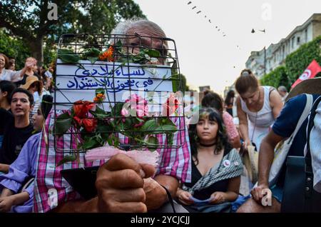 Tunisi, Tunisia. 13 agosto 2024. Le donne scendono in piazza a Tunisi alzando striscioni e gridando slogan contro la repressione politica in occasione della giornata nazionale della donna. La manifestazione è stata organizzata da gruppi femministi indipendenti tunisini per chiedere il rilascio immediato di tutte le donne imprigionate per le loro attività nella sfera pubblica. La Tunisia celebra la giornata nazionale della donna ogni anno il 13 agosto Foto Stock
