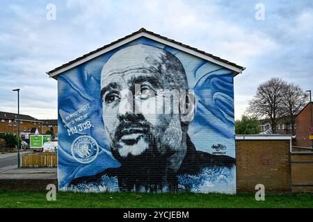 Etihad Stadium, Manchester, Regno Unito. 23 ottobre 2024. UEFA Champions League Football, Manchester City contro Sparta Praga; Un murale del manager del Manchester City Pep Guardiola su una casa vicino all'Etihad Stadium credito: Action Plus Sports/Alamy Live News Foto Stock