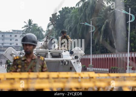 Dacca, Bangladesh. 23 ottobre 2024. I soldati della forza militare del Bangladesh sono in allerta di fronte alla casa del Presidente (Bangabhaban) durante la manifestazione. Membri delle forze dell'ordine in allerta davanti a Bangabhaban. L'ingresso principale della casa del presidente (Bangabhaban) mentre i manifestanti organizzano una manifestazione davanti ad essa, chiedendo le dimissioni del presidente Mohammed Shahabuddin dopo il suo commento sulle dimissioni dell'ex primo ministro Sheikh Hasina, a Dhaka, Bangladesh. (Foto di Sazzad Hossain/SOPA Images/Sipa USA) credito: SIPA USA/Alamy Live News Foto Stock