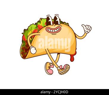 Cartoon mexican fast food taco Groovy Character. Spuntino con menu spazzatura, cartoni animati, funky mascotte, takeaway Cafe, taco o fast food da ristorante, simpatico personaggio vettoriale isolato d'epoca Illustrazione Vettoriale