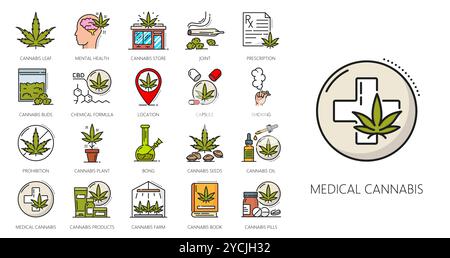 Icone della linea di colore della cannabis medica, cbd e marijuana, estratto di piante infestanti, pianta di canapa, semi, pillole e olio. Il vettore delinea foglie verdi e gemme di cannabis o marijuana, prescrizione medica, bong e segni articolari Illustrazione Vettoriale