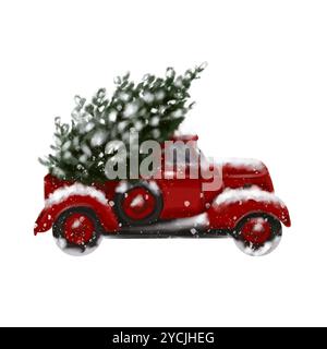 Auto retrò rossa con un albero di Natale nella figura dell'acquerello posteriore. Composizione isolata per Capodanno, Natale, inverno. Foto Stock