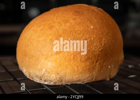 Classico pane bianco su una griglia. Questo panino rustico fatto in casa è realizzato con farina di grano bianco biologico per una ricetta a base di lievito madre. Foto Stock