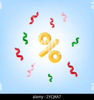 Icona 3d Discount Time 3D. Simbolo di percentuale d'oro, coriandoli volanti. Elementi di rendering realistici per la vendita nell'annuncio del supermercato del negozio. Gli sconti iniziano Illustrazione Vettoriale