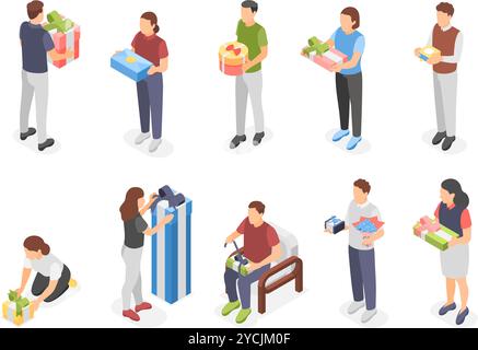 Persone isometriche con confezioni regalo. Uomo donna che tiene apre una vivace scatola regalo. Regali, feste di compleanno, feste di natale, impeccabili Illustrazione Vettoriale