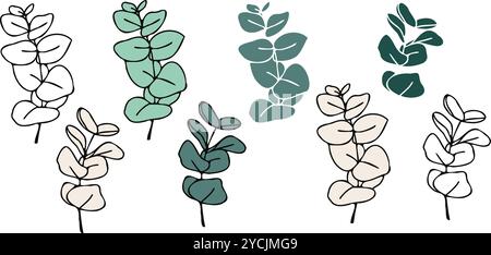 Una semplice illustrazione vettoriale disegnata a mano delle foglie di eucalipto. il design minimalista è perfetto per progetti a tema botanico, arte di linea, ispirazione naturale Illustrazione Vettoriale