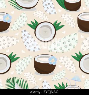 Motivo senza cuciture di cocco, noci con foglie di palma, fiori, latte e elementi in stile memphis, sfondo vettoriale e colorato senza fine Illustrazione Vettoriale