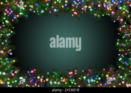 Incorniciate le decorazioni natalizie con luci colorate e rami di abete rosso. rendering 3d. Foto Stock