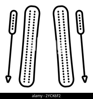 Icona di sci sulla linea nera. Illustrazione monocromatica vettoriale di due sci e bastoncini da sci, tratto modificabile Illustrazione Vettoriale