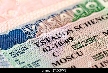 Frammento di visto di Schengen nel passaporto Foto Stock