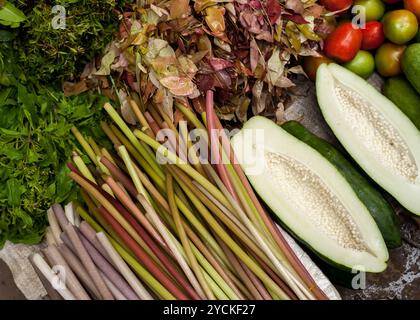 La papaia, acqua lilly steli e fresche verdure organiche e le erbe a asian food market Foto Stock