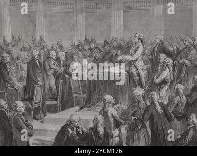 Rivoluzione francese. Costituzione francese del 1791. Fu la prima costituzione scritta in Francia, istituita dopo il crollo della monarchia assoluta dell'Ancien Régime. Promulgò la sovranità popolare. Re Luigi XVI (1754-1793) accettando e giurando la Costituzione davanti all'Assemblea Nazionale, 14 settembre 1791. Disegno di Hippolyte de la Charlerie. Incisione di Meyer-Heine. "Storia della Rivoluzione francese". Volume i, 1876. Foto Stock