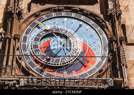 Quadrante astronomico di dettaglio. L'orologio astronomico di Praga o Praga Orloj è un orologio astronomico medievale collegato al Municipio della città Vecchia di Praga. Il Foto Stock