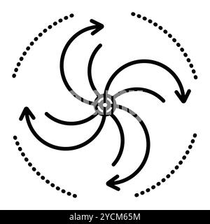 Riciclaggio dei prodotti ed eventi ciclicità, fenomeni naturali - vortice, uragano. Spirale con frecce, icona vettoriale con linea nera, traccia modificabile, pixel Illustrazione Vettoriale