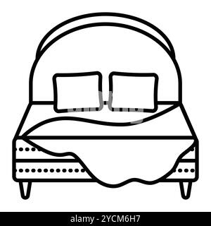 Letto matrimoniale con testiera e due cuscini e coperta, biancheria da letto, biancheria da letto, illustrazione con linea nera vettoriale singola, segno monocromatico contorno, tratto modificabile Illustrazione Vettoriale