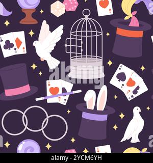 Motivo senza cuciture mago. Magia illusionista mostra elementi, colombe cubi di gabbia giocare a carte coniglietto nel cilindro. Sfondo vettoriale del circo dei cartoni animati Illustrazione Vettoriale
