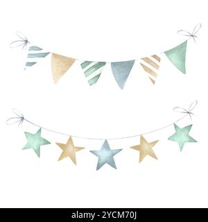 Ghirlande natalizie con bandiere a forma di triangolo e stella per la decorazione nei colori verde, blu e beige. Set di elementi isolati ad acquerello disegnati a mano per biglietti d'auguri, confezioni e design per feste. Foto Stock