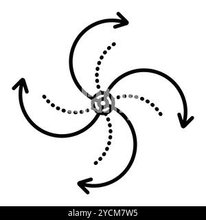 Riciclaggio dei prodotti, ciclicità degli eventi, fenomeni naturali, spirale con frecce. Icona vettoriale della linea nera. Segno monocromatico contorno, tratto modificabile, Illustrazione Vettoriale