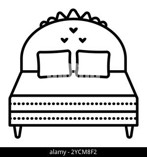 Letto doppio con testiera e due cuscini, illustrazione con linea nera vettoriale singola, segno monocromatico contorno, tratto modificabile, pixel Perfect Illustrazione Vettoriale