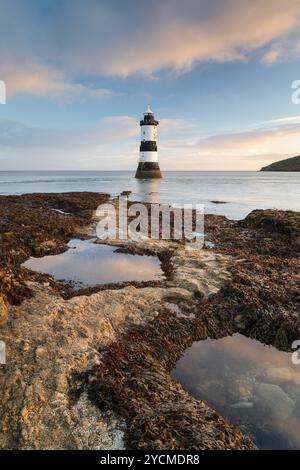 Il faro di Trwyn Du si illumina alla prima luce diretta del mattino in un freddo giorno di ottobre, con piscine lasciate dietro dalla marea che riflettono un cielo nuvoloso. Foto Stock